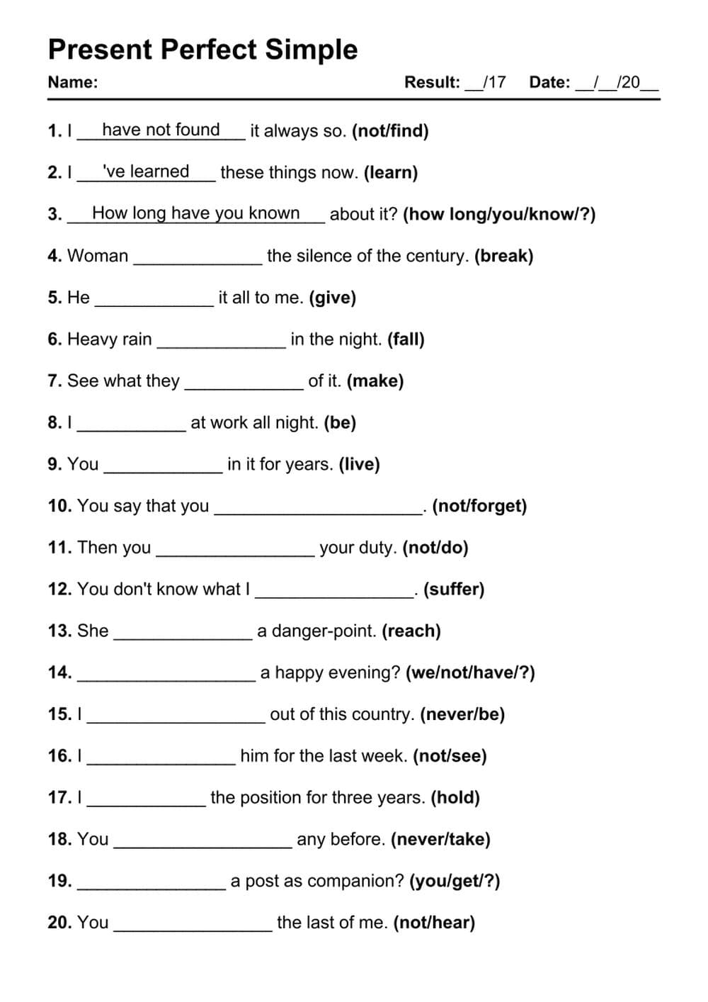 A paper worksheet: Present Perfect Simple, 20 fill-in-the-gap sentences
